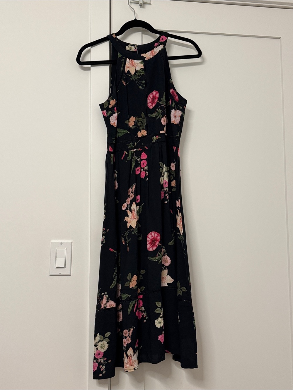 Portmans Black Floral Halter Midi Dress with Pink and Cream Blooms